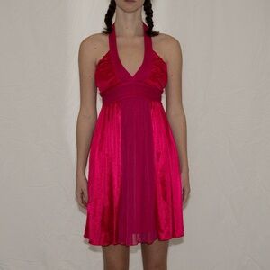 Y2k hot pink halter dress silky w/ tie size medium city triangles polyester
